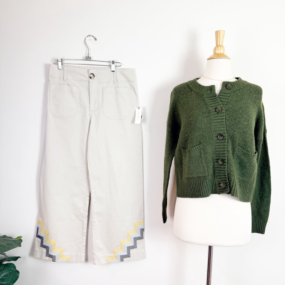 💋Anthropologie Zigzag Embroidered light grey Pants - Picture 3 of 8
